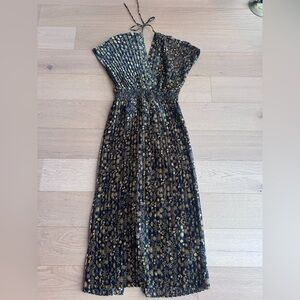 Sandro Navy and Gold Midi Dress